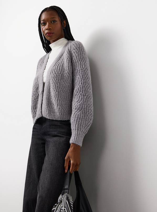 Dark Grey Cropped Cable Knit Cardigan S
